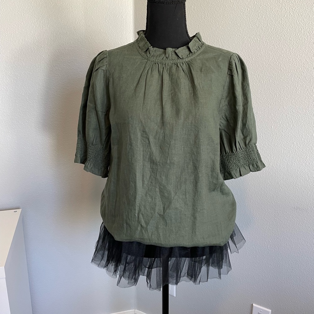 J Crew Smocked Puff Sleeve Linen Ruffle Neck Short Sleeve Top, Green, SZ Small